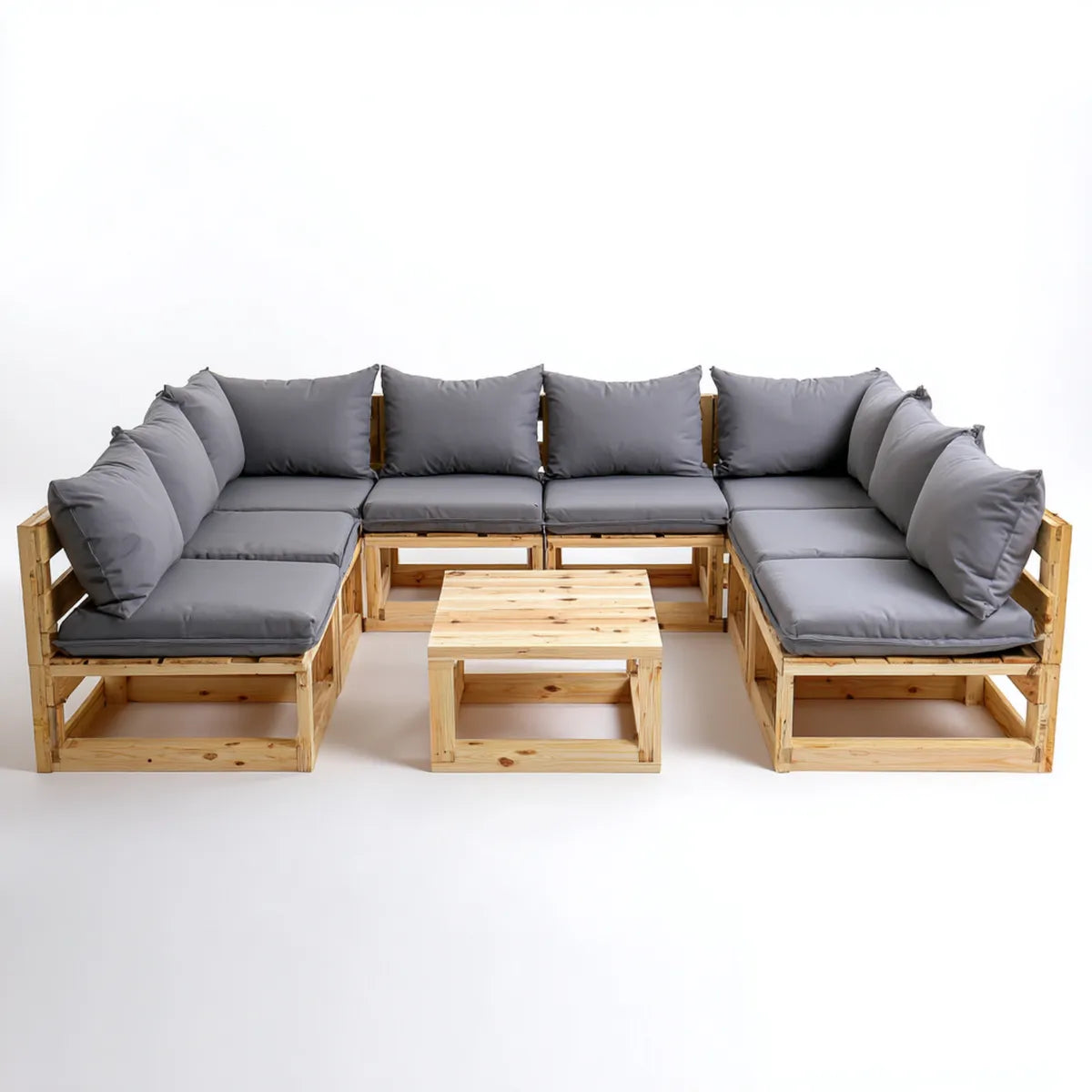 Salon de jardin modulable en U 8 pièces gris et bois naturel en pin massif 350 x 210 cm
