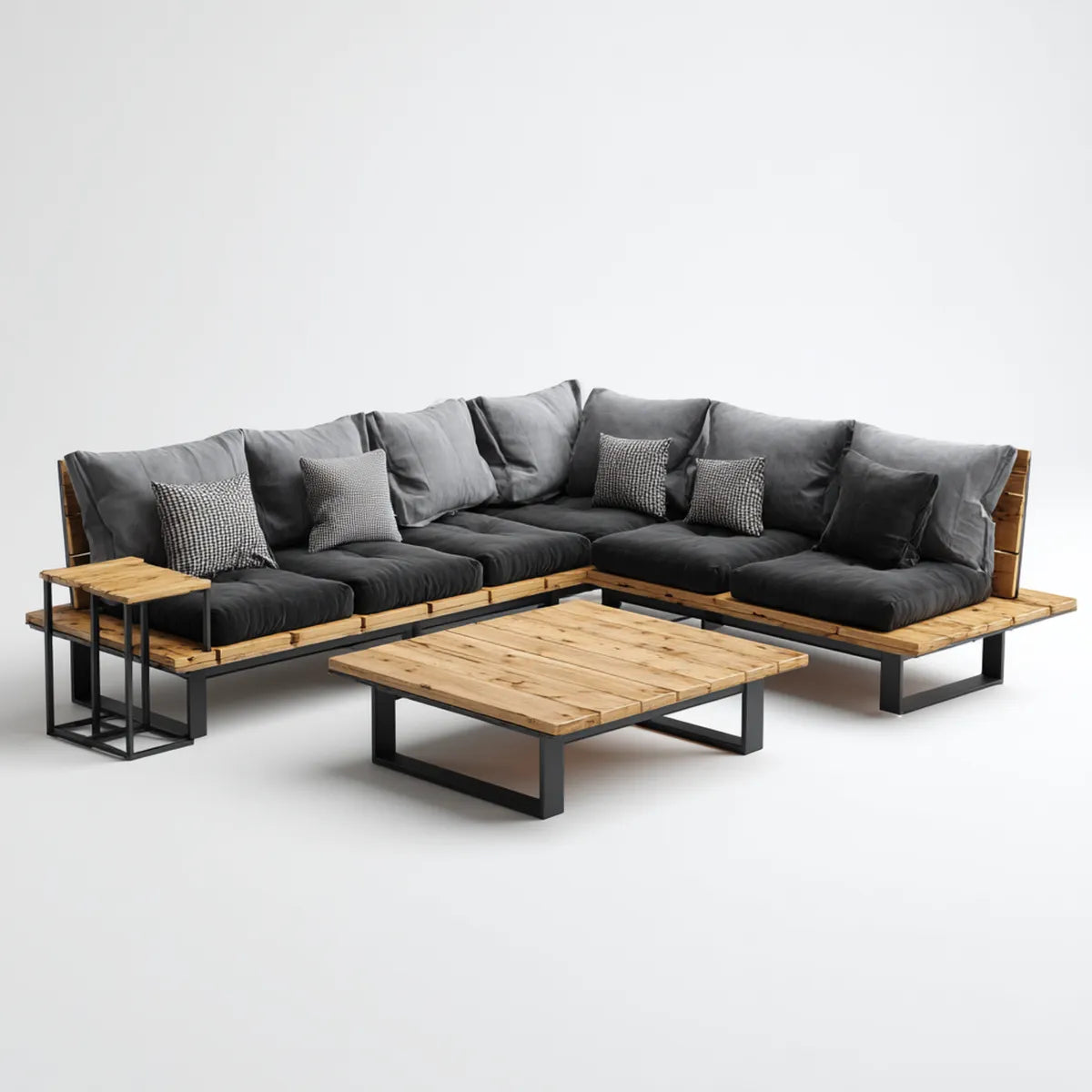 Salon de jardin d'angle 5 places en bois d'acacia massif et acier noir avec coussins gris 278 x 210 cm
