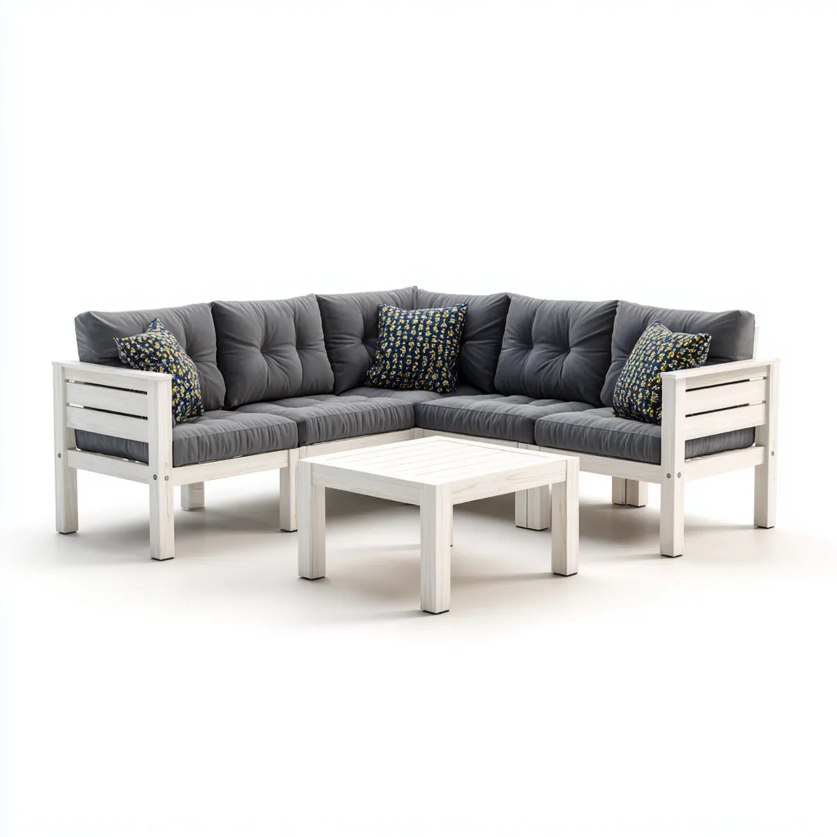 Salon de jardin d'angle 4 places blanc et gris en pin massif avec table basse carrée 188 x 188 cm