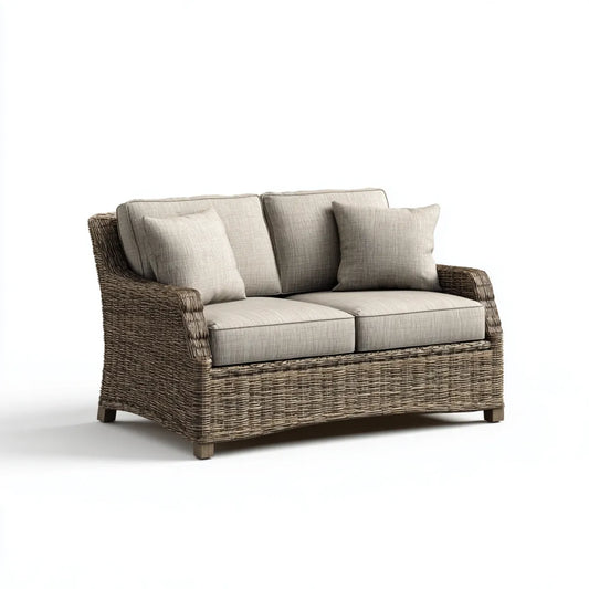 Canapé de jardin 2 places beige en rotin synthétique avec coussins 150 x 80 x 85 cm