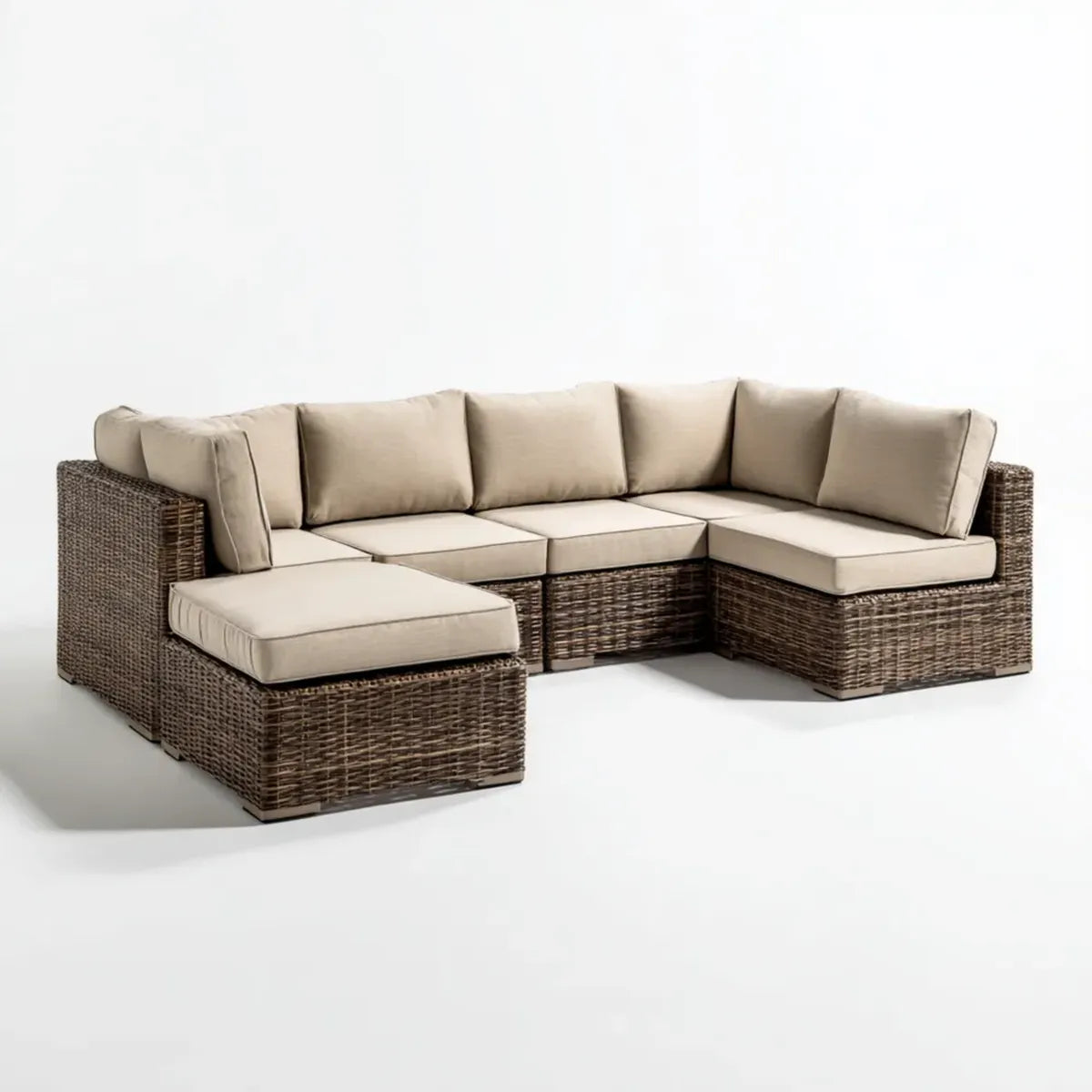 Canapé de jardin d'angle modulable 5 places beige et marron en résine tressée PE 300 x 225 x 85 cm