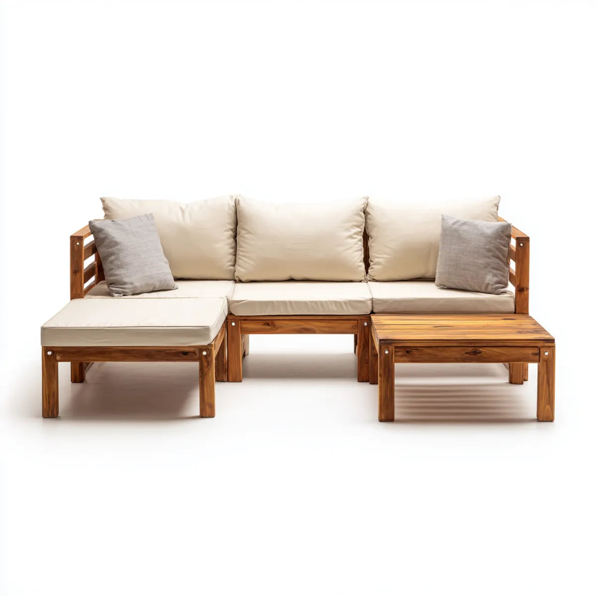 Salon de jardin modulable 3 pièces en acacia marron avec coussins beige 210 x 70 x 75 cm