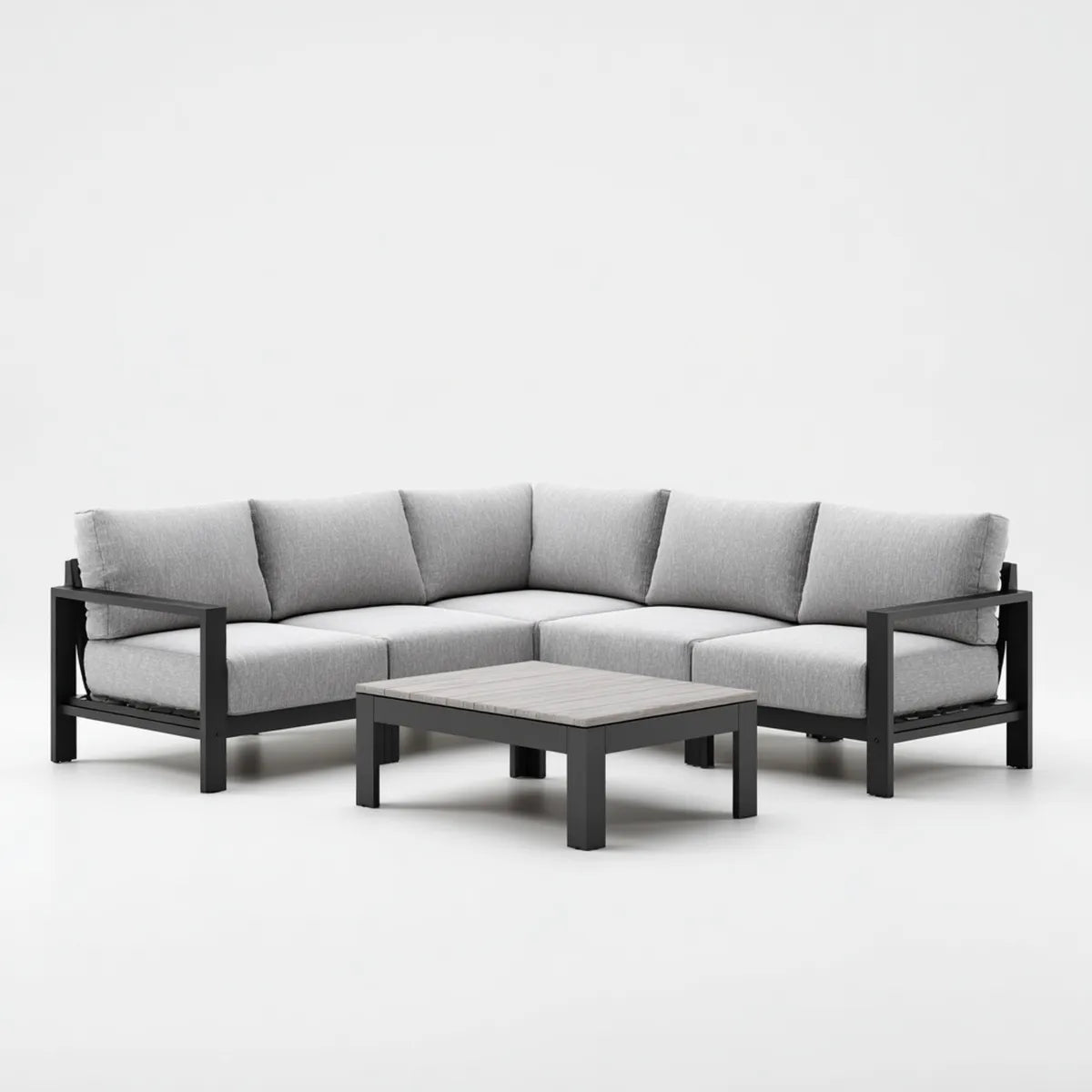 Salon de jardin d'angle 5 places gris et noir en aluminium avec coussins 230 x 230 cm et table basse carrée 90 x 90 cm
