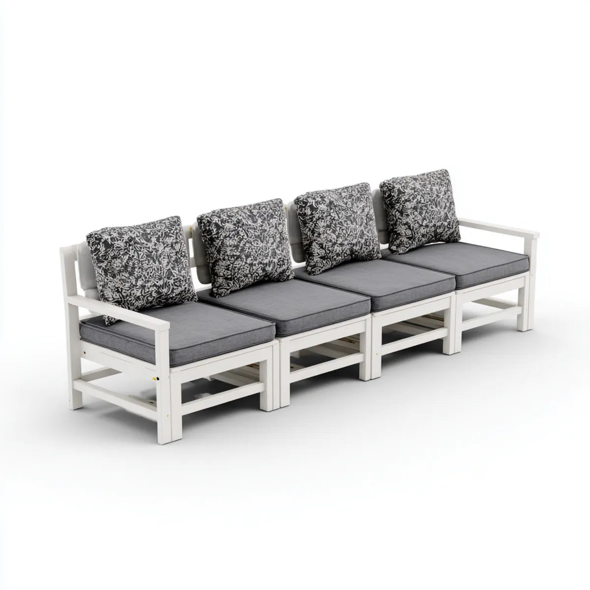 Canapé de jardin 4 places blanc et gris en pin massif avec coussins 240 x 70 x 75 cm forme droite