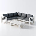 Salon de jardin d'angle 4 places blanc et gris en acacia massif avec coussins 240 x 180 x 75 cm