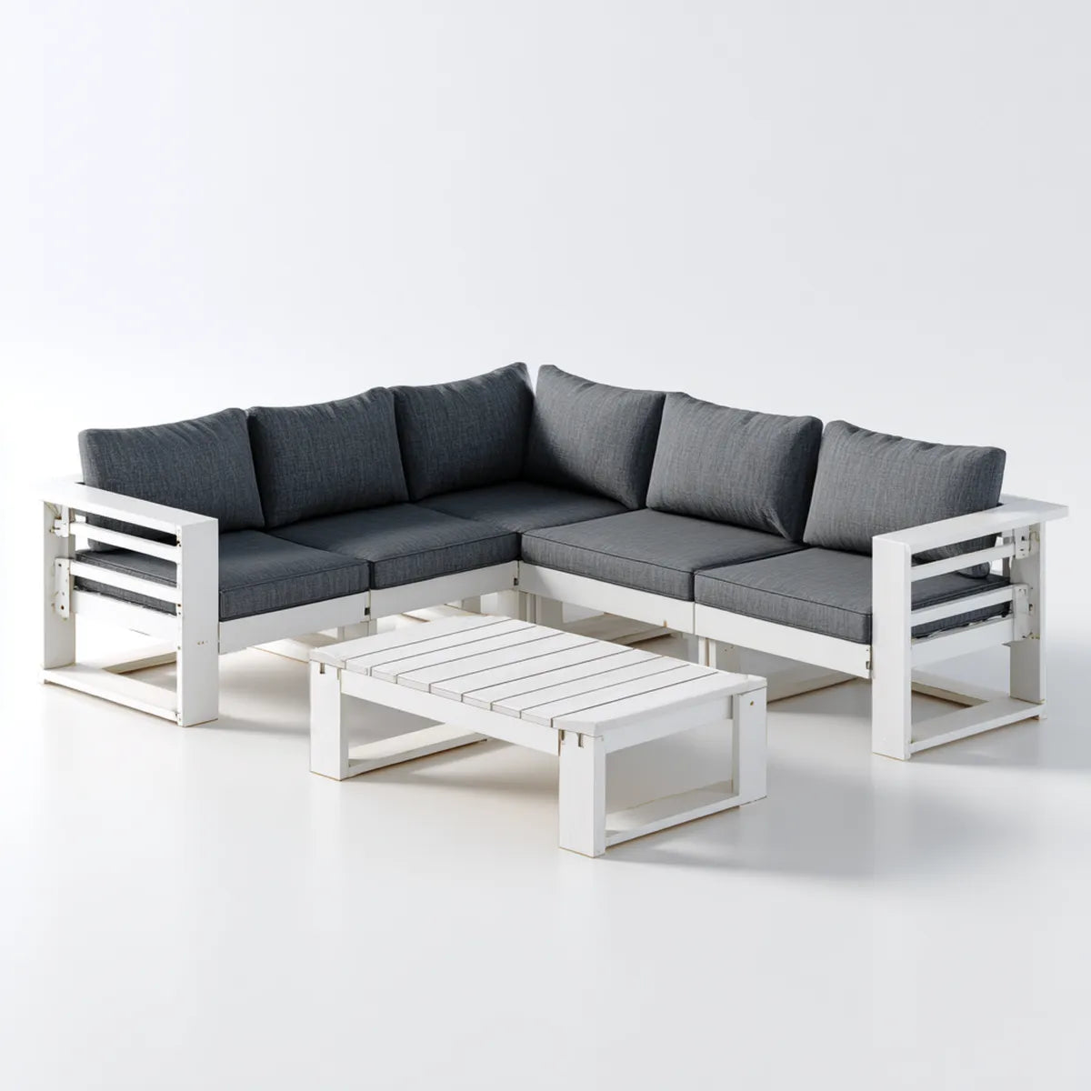 Salon de jardin d'angle 4 places blanc et gris en acacia massif avec coussins 240 x 180 x 75 cm