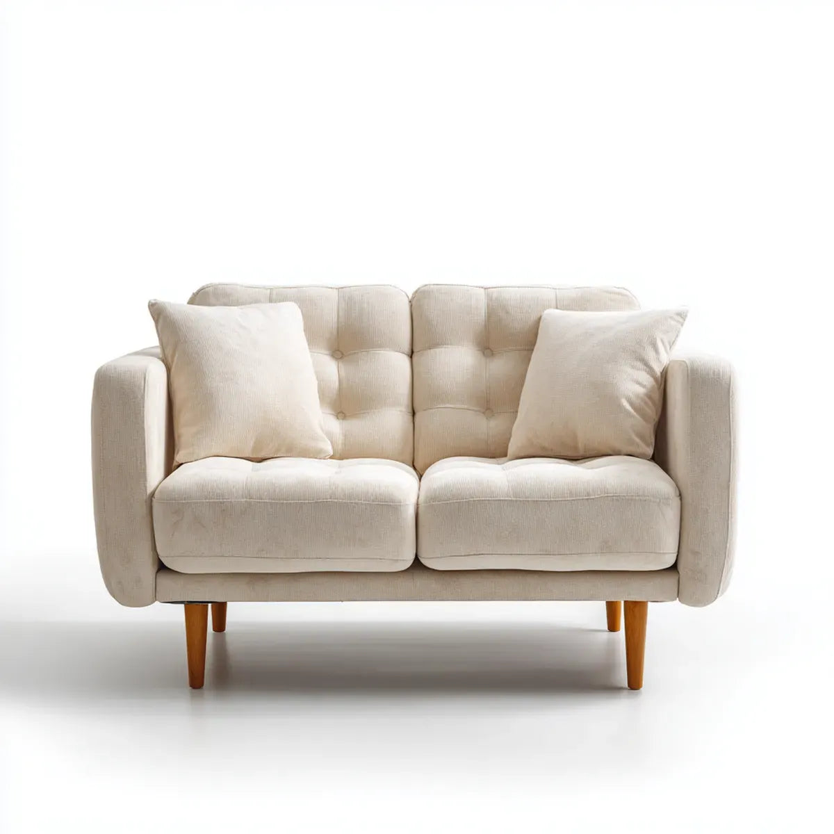 Canapé droit 2 places beige en velours côtelé polyester avec pieds en hévéa massif 150 x 85 x 88 cm