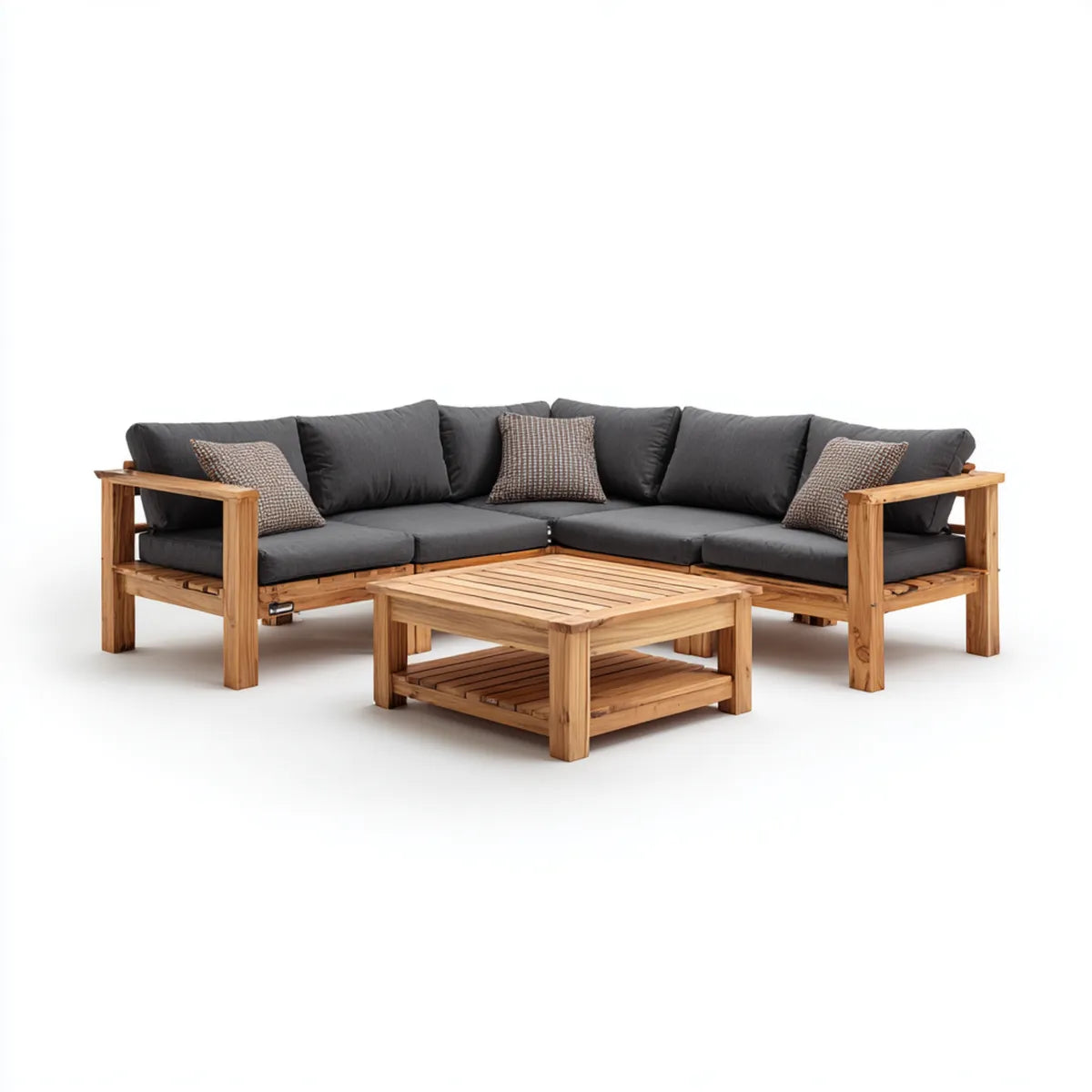 Salon de jardin d'angle 4 places avec table basse en bois d'acacia gris anthracite 220 x 220 cm