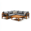 Salon de jardin d'angle 3 pièces gris en acacia massif avec coussins en polyester 250 x 250 cm table basse 110 x 60 cm