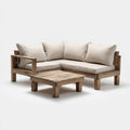 Canapé de jardin d'angle 4 places en L brun beige en acacia massif avec coussins en polyester 200 x 200 x 70 cm et table basse rectangulaire 100 x 60 x 40 cm