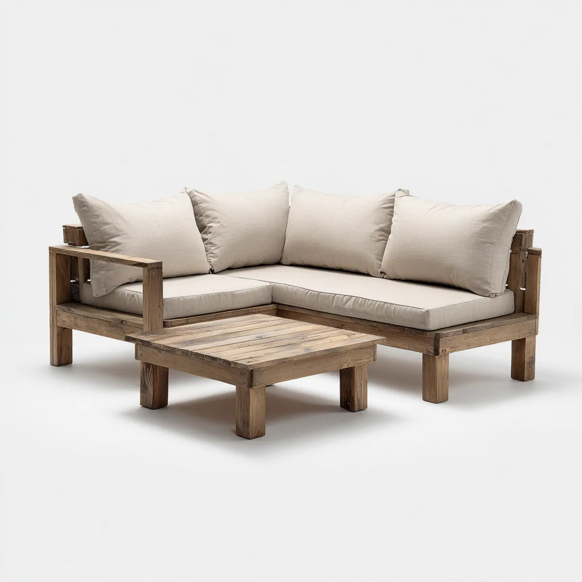 Canapé de jardin d'angle 4 places en L brun beige en acacia massif avec coussins en polyester 200 x 200 x 70 cm et table basse rectangulaire 100 x 60 x 40 cm
